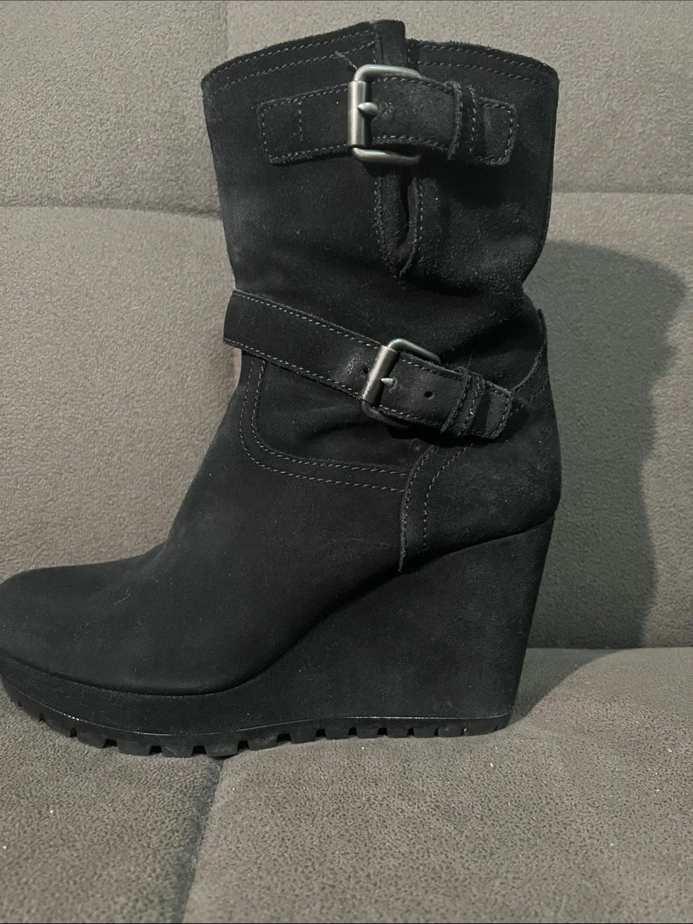 PRADA Black Suede Wedge Ankle Boots with Buckle Strap - Picture 4 of 8
